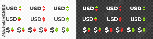 United States dollar, USD with up and down arrow currency exchange rate vector desgin. Foreign currencies and exchange rates value graphic design. Currency trade chart