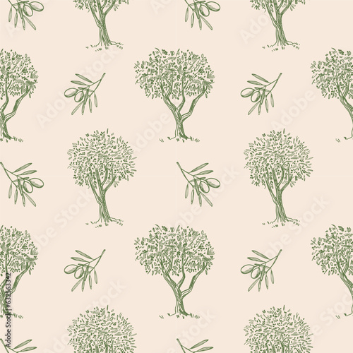 Olive tree and branch with olive fruits seamless pattern. Repeating background vector illustration. Olive oil production, harvest, healthy food. For print, template, label, logo, textile, wallpaper photo
