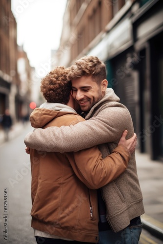 shot of a gay couple hugging in the street