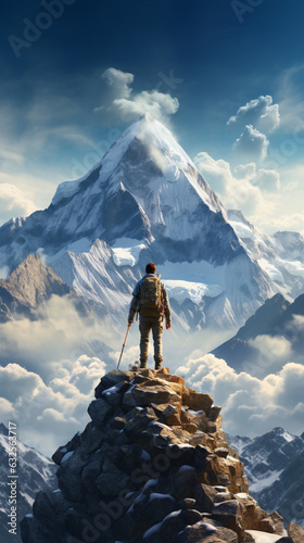 A breathtaking portrait of a hiker reaching a mountain peak, embodying the thrill of adventure, triumph, and the awe-inspiring beauty of conquering nature's heights.