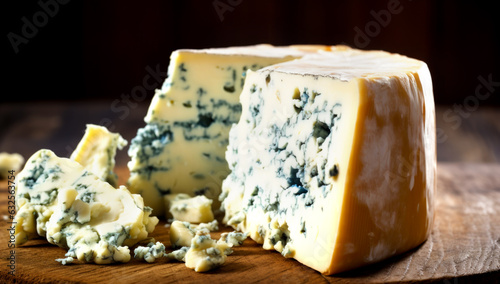 blue cheese on a wooden board. AI Generated