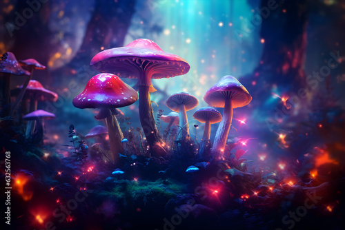 Magic psychedelic surreal mushrooms in dark forest. Autumn fairy mystic concept. Foggy blurred background. 