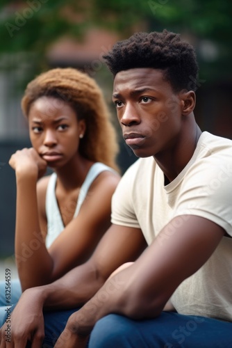 shot of a young couple looking upset after an argument while sitting outside