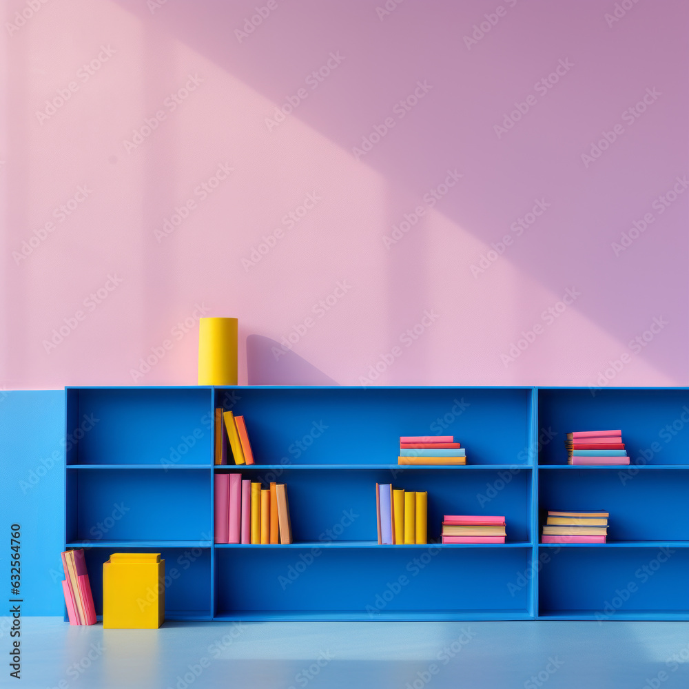 Books on the bookshelf against blue background. Education , Back to school and reading. Copy space for text. Generative AI. Books on the bookshelf against blue background. Education , Back to school and reading. Copy space for text. Generative AI.
