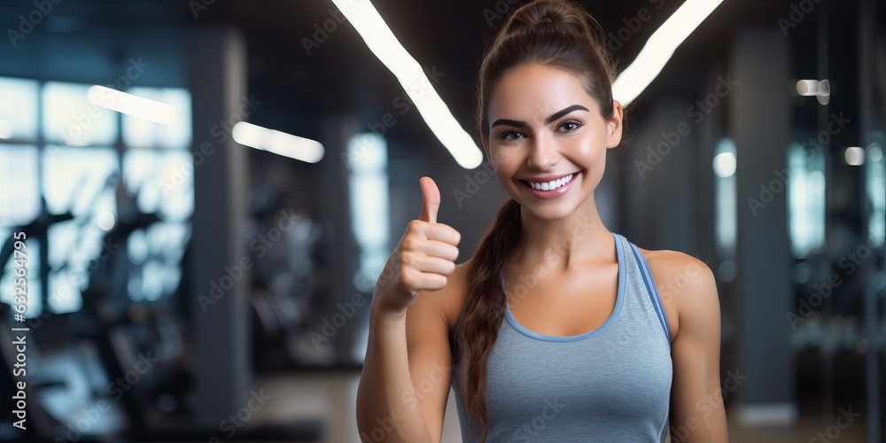 Thumb up. Smiling fitness woman. Beautiful illustration picture. Generative AI