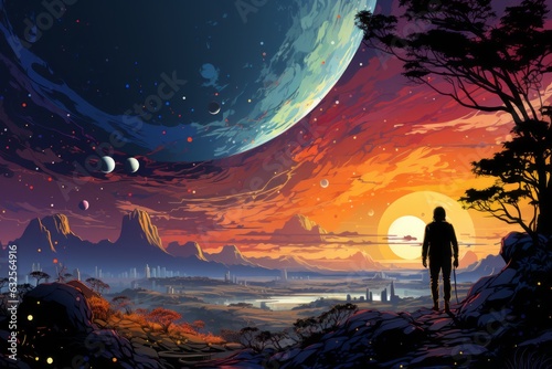 Space in the style of graphic novel, planet in the sky. Beautiful illustration picture. Generative AI