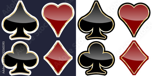 A set of card suits. Gold frame, geometric shape, highlight. Rhombuses, in which hearts, diamonds, spades, clubs.