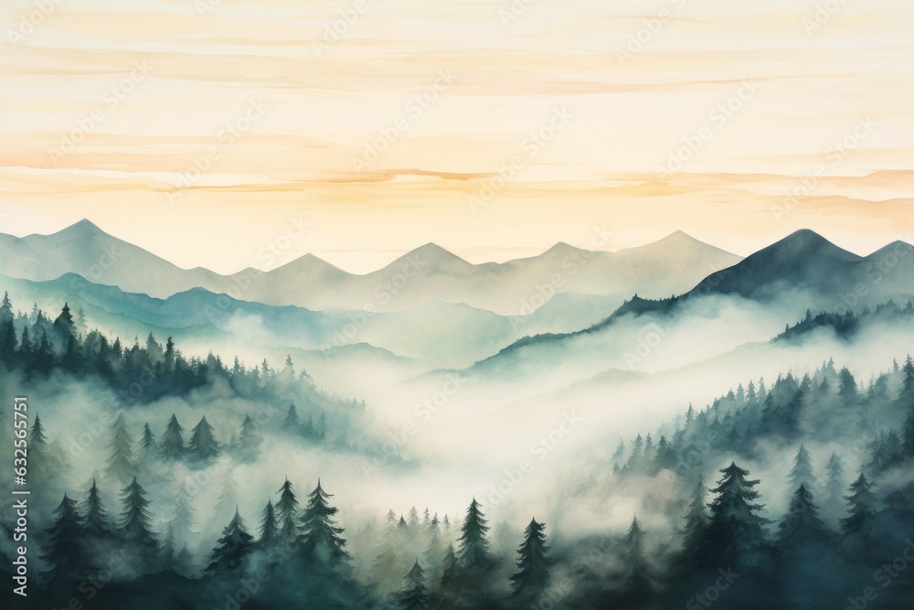 Painting in watercolor style of trees, fog and mountains. Beautiful illustration picture. Generative AI
