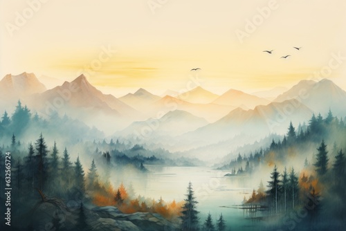 Painting in watercolor style of trees  fog and mountains. Beautiful illustration picture. Generative AI