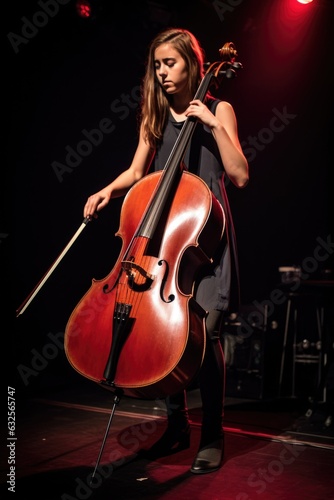 a young cellist playing her instrument while standing on a stage