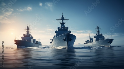 Three warships in the ocean. Beautiful illustration picture. Generative AI