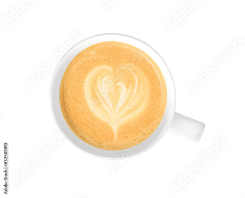 Cappuccino, latte, coffee with milk in a white glass mug. Coffee foam. A heart drawn. View from above. On a white background. Isolated. Space for text. Copy space