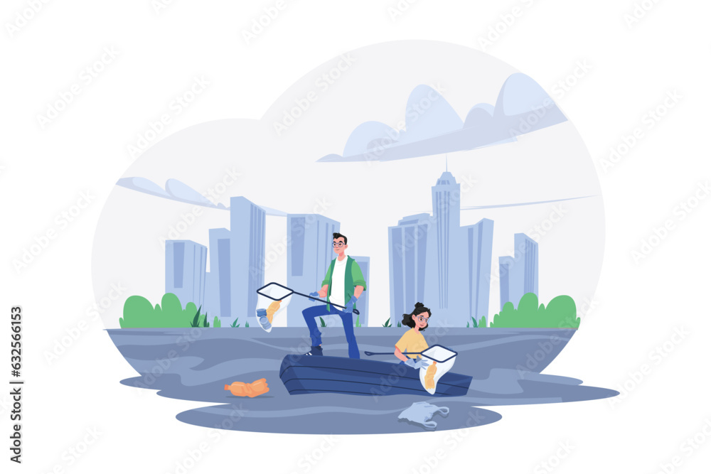 Obraz premium Man With A Net Catches Floating Plastic From The River