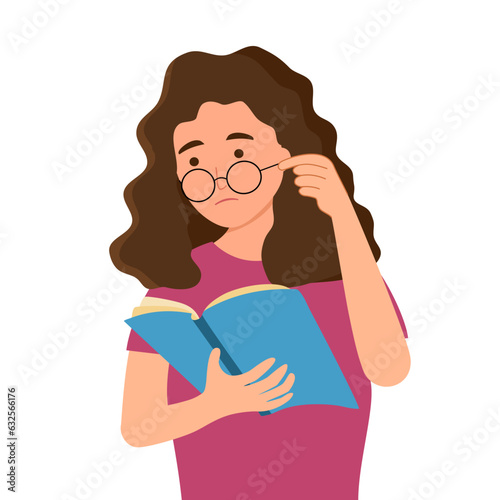 Woman with poor eyesight reading book in flat design on white background.