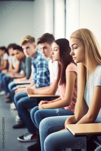shot of a group of students sitting in rows at school