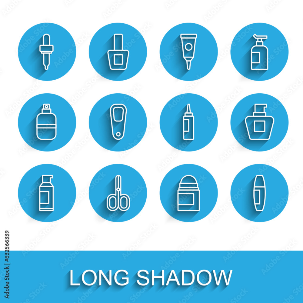 Set line Spray can for hairspray, Scissors, Pipette, Antiperspirant deodorant roll, Mascara brush, Pumice feet, Cream lotion cosmetic tube and icon. Vector Set line Spray can for hairspray, Scissors, Pipette, Antiperspirant deodorant roll, Mascara brush, Pumice feet, Cream lotion cosmetic tube and icon. Vector