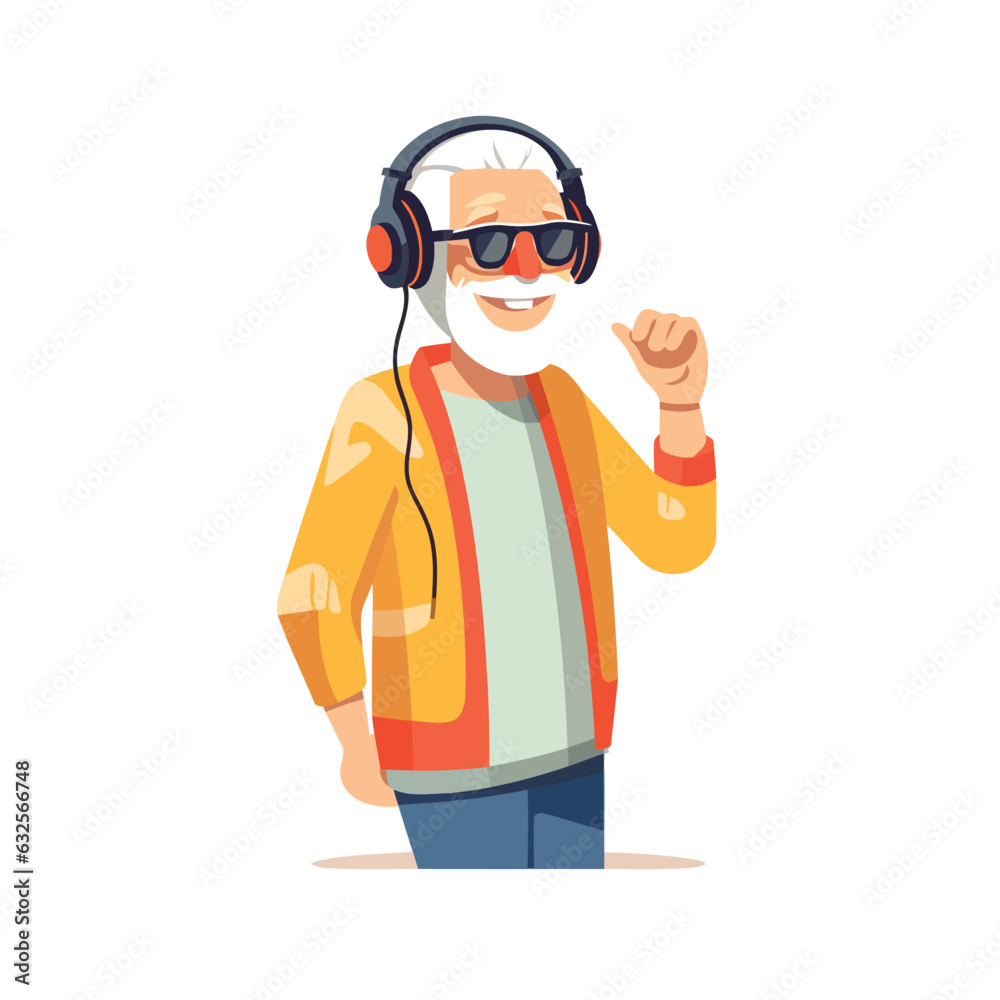 old man listening music vector flat isolated illustration