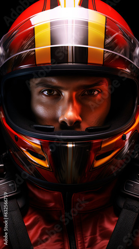 A dynamic portrait of a speedy racer in a helmet, embodying the adrenaline and intensity of the racing world. This athlete's focus and velocity promise thrilling competition © PRODM