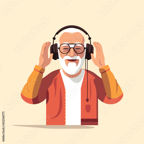 old man listening music vector flat isolated illustration