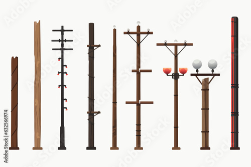 Utility poles set vector flat minimalistic isolated illustration