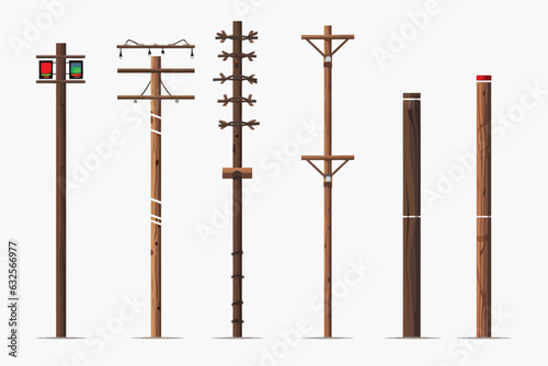 Utility poles set vector flat minimalistic isolated illustration