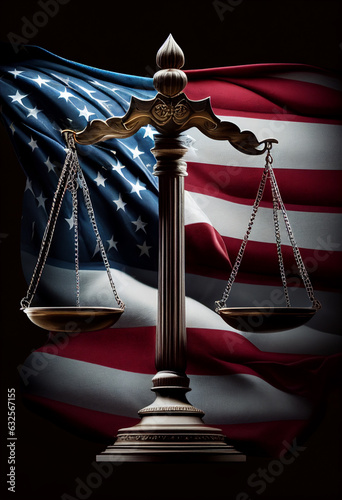 Symbol of justice on the background of the USA flag. AI Generated
