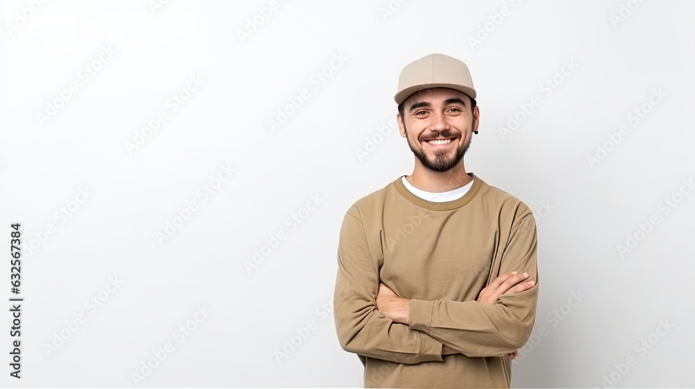 Charming cheerful person standing put hands on waist wear cap isolated on white color background Charming cheerful person standing put hands on waist wear cap isolated on white color background