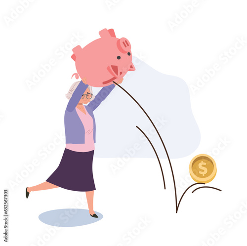 Financial Stress Concept. Sad Elderly Woman Pouring Money from Piggy Bank. Worrying Senior Citizen and Financial Troubles