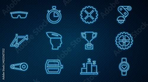 Set line Smart watch, Bicycle sprocket crank, helmet, frame, Sport cycling sunglasses, Award cup with bicycle and Stopwatch icon. Vector