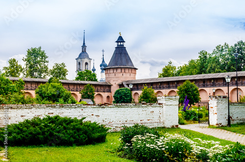 Suzdal, Vladimir Oblast, Russia - 5 July 2023: Defensive towers and walls in the apothecary's garden шт Spaso-Evfimiev (Saint Euthymius) Monastery in Suzdal. © Stanislav
