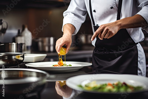 Cook in apron adding some sauce to dish. Cropped chef preparing food, meal, in kitchen, chef cooking, Chef decorating dish, closeup