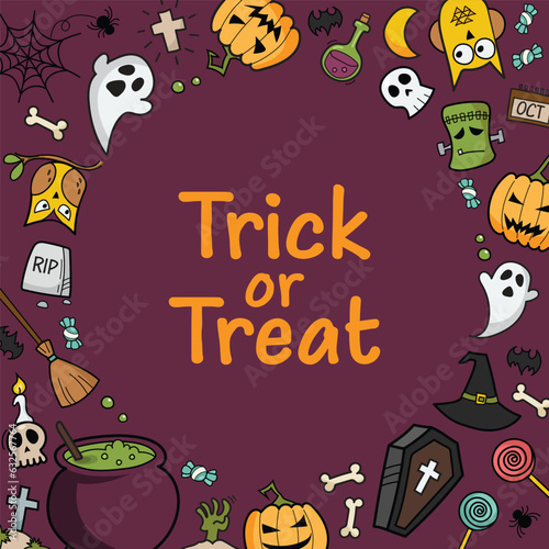 Trick or Treat Halloween doodles hand drawn color icons