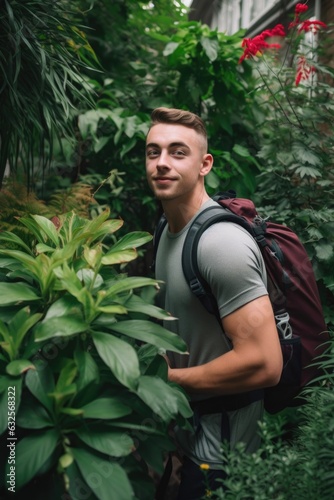 a handsome man wearing a backpack being surrounded by plants in the city © altitudevisual