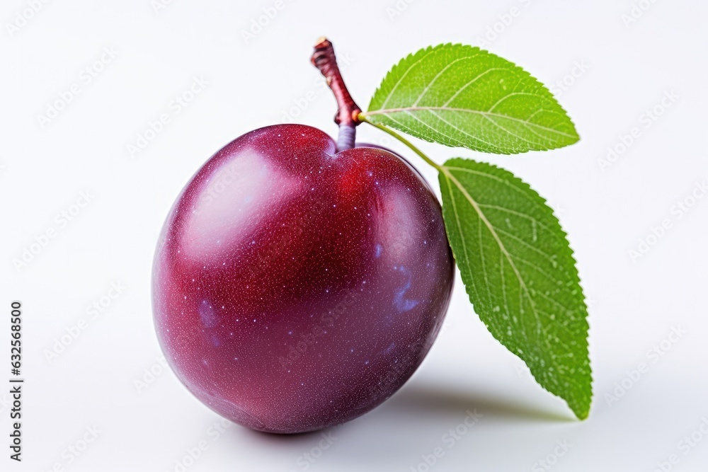 Juicy purple Plum fruits with green leaf isolated on white background