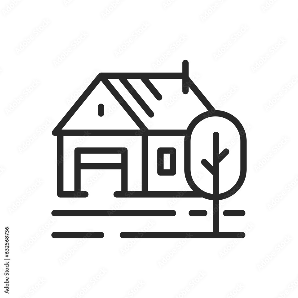 Rural Farm Icon. Vector Outline Editable Sign of Farmhouse with Tree in Countryside. Linear Minimal Illustration. Rural Farm Icon. Vector Outline Editable Sign of Farmhouse with Tree in Countryside. Linear Minimal Illustration.