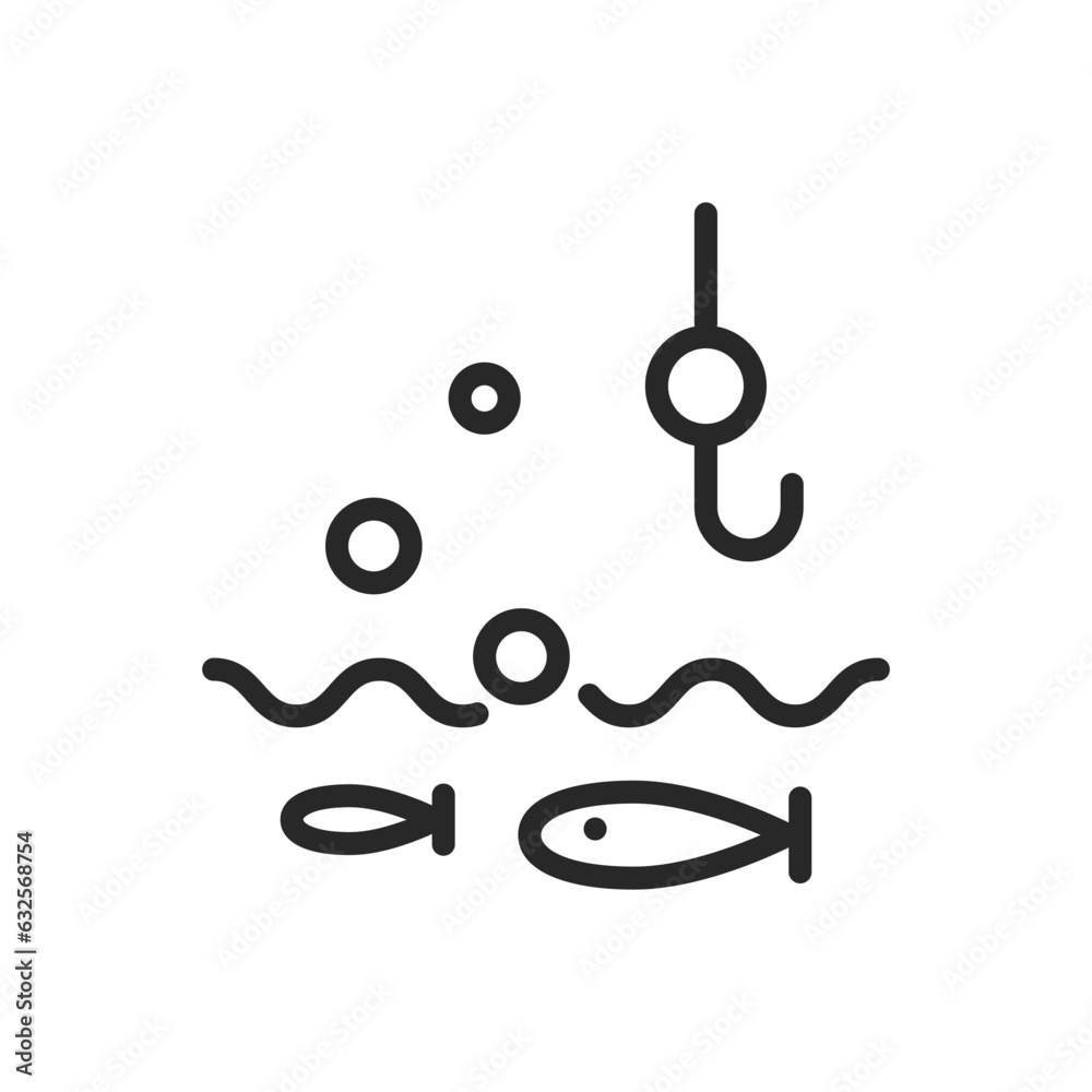 Fishing Camping Icon. Vector Outline Editable Sign of Fish Swimming with Approaching Fishing Hook. Linear Minimal Illustration. Fishing Camping Icon. Vector Outline Editable Sign of Fish Swimming with Approaching Fishing Hook. Linear Minimal Illustration.