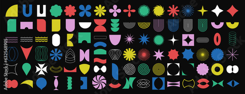 Collection of colorful brutal contemporary figure spiral flower star oval circle and other elements. Abstract minimal geometric elements shapes and grids set. Brutalist design. Vector illustration
