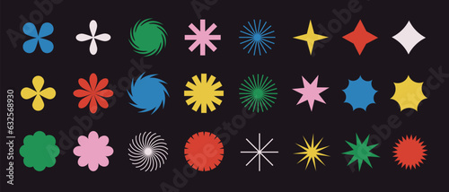 Collection of colorful brutal contemporary figure spiral flower star oval circle and other elements. Abstract minimal geometric elements shapes and grids set. Brutalist design. Vector illustration