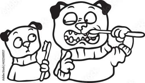 Cartoon: Hund zeigt seinem Kind, wie man sich gegen Karies und Zahnstein mit einer Zahnbürste die Zähne putzt als Reinigung und Prophylaxe
