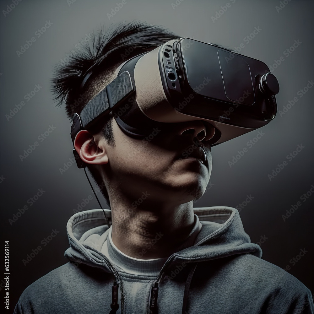 Young man wearing virtual reality goggles. Future technology concept. Young man wearing virtual reality goggles. Future technology concept.