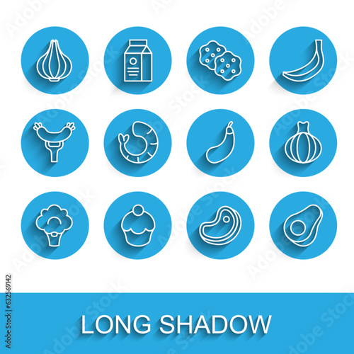 Set line Broccoli, Muffin, Garlic, Steak meat, Avocado fruit, Shrimp, Onion and Eggplant icon. Vector