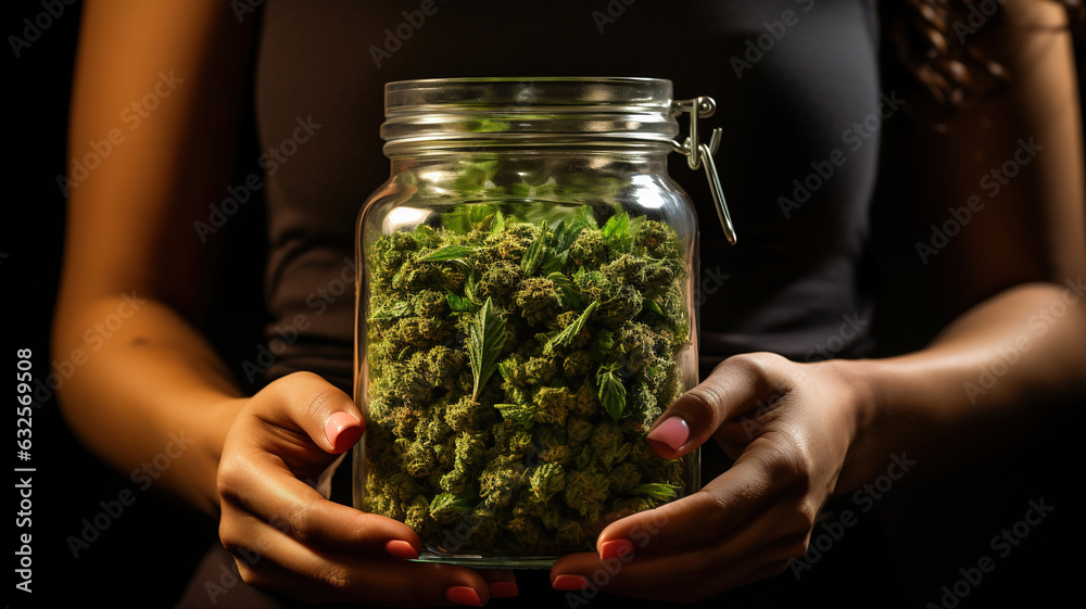 Woman Holding Medical Marijuana Buds Jar, glass can container in Hands, Dried Medical Weed Commercial cannabis business selling. Legal marijuana for medical use, business design. generative ai