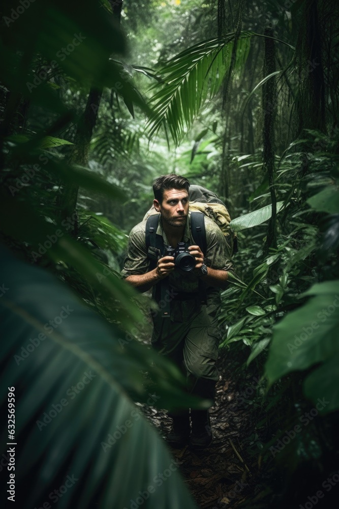 shot of a man hiking through the jungle with his camera