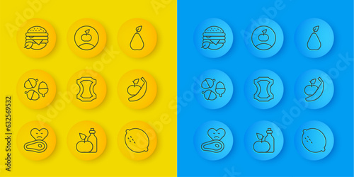 Set line Steak meat, Acorn, Leather, Lemon, Apple and banana, Vegan food diet, Pear and icon. Vector
