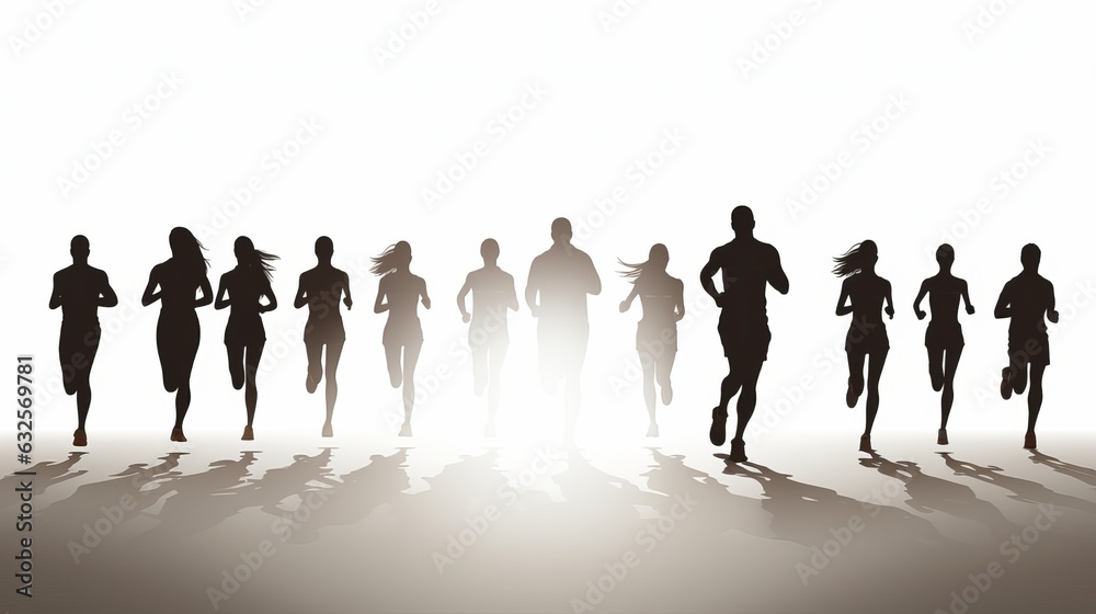 Marathon run. Group of running people, men and women. Isolated vector silhouettes, rainbow colours, high quality, copy space, 16:9 Marathon run. Group of running people, men and women. Isolated vector silhouettes, rainbow colours, high quality, copy space, 16:9
