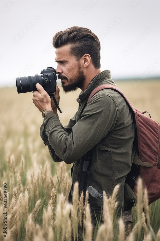 shot of a man taking pictures with his camera while out in the field shot of a man taking pictures with his camera while out in the field