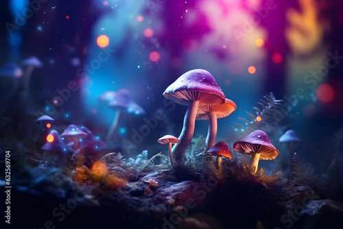 Magic psychedelic surreal mushrooms, fungi. Autumn fairy mystic concept. Foggy blurred background. 