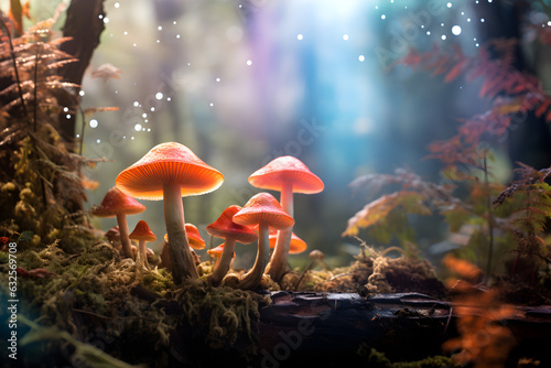 Magic psychedelic surreal mushrooms in dark forest. Fall mystic concept. Halloween. Foggy blurred background. 