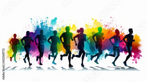 Marathon run. Group of running people  men and women. Isolated vector silhouettes  rainbow colours  high quality  copy space  16 9