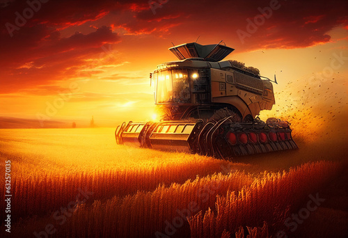 Harvester rides through a wheat field, at sunset. AI Generated photo